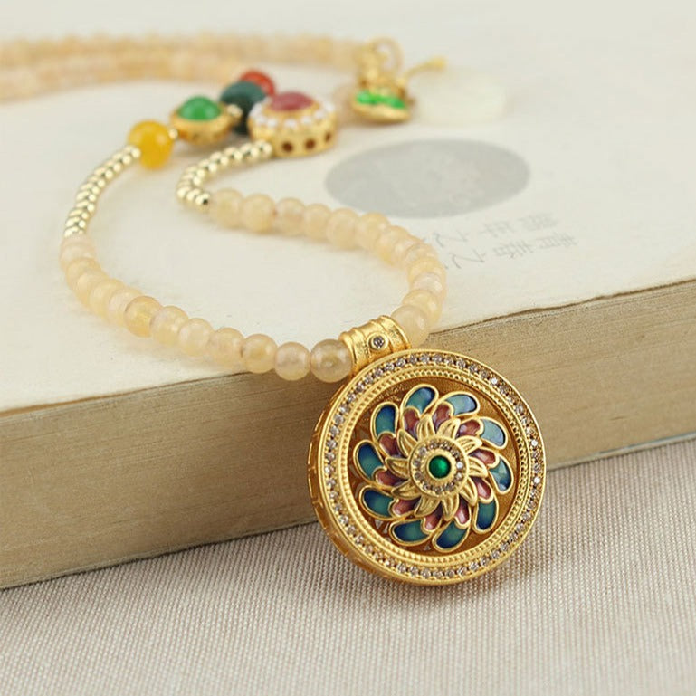 Zen Healing Enamel Lotus Compass Guidance Spiritual Growth Pendant Necklace