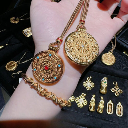 Zen Healing Golden Carved Lotus Gourd Pendant Prosperity Necklace