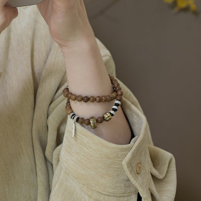 Zen Healing Tibet Golden Wing Wood Agate Dzi Beads Lucky Double Wrap Bracelet