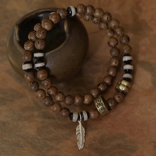Zen Healing Tibet Golden Wing Wood Agate Dzi Beads Lucky Double Wrap Bracelet