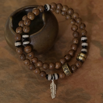 Zen Healing Tibet Golden Wing Wood Agate Dzi Beads Lucky Double Wrap Bracelet