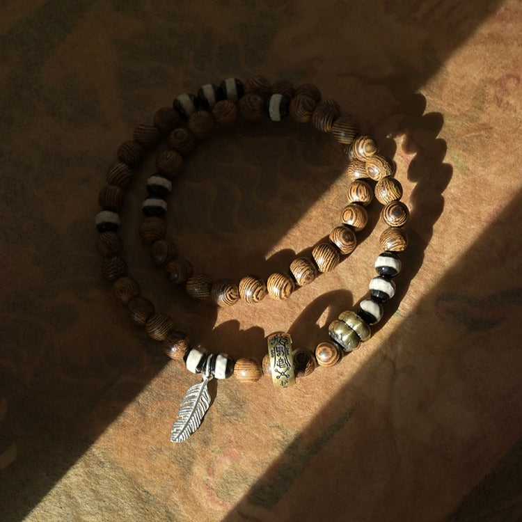 Zen Healing Tibet Golden Wing Wood Agate Dzi Beads Lucky Double Wrap Bracelet