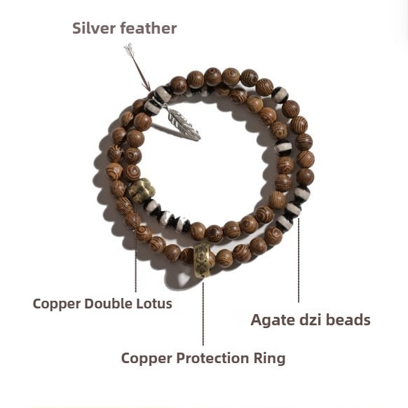 Zen Healing Tibet Golden Wing Wood Agate Dzi Beads Lucky Double Wrap Bracelet