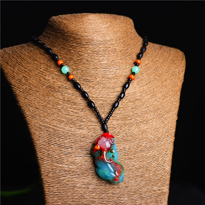 Zen Healing Hetian Jade Feng Shui Colorful Pi Xiu Wealth Pendant Necklace