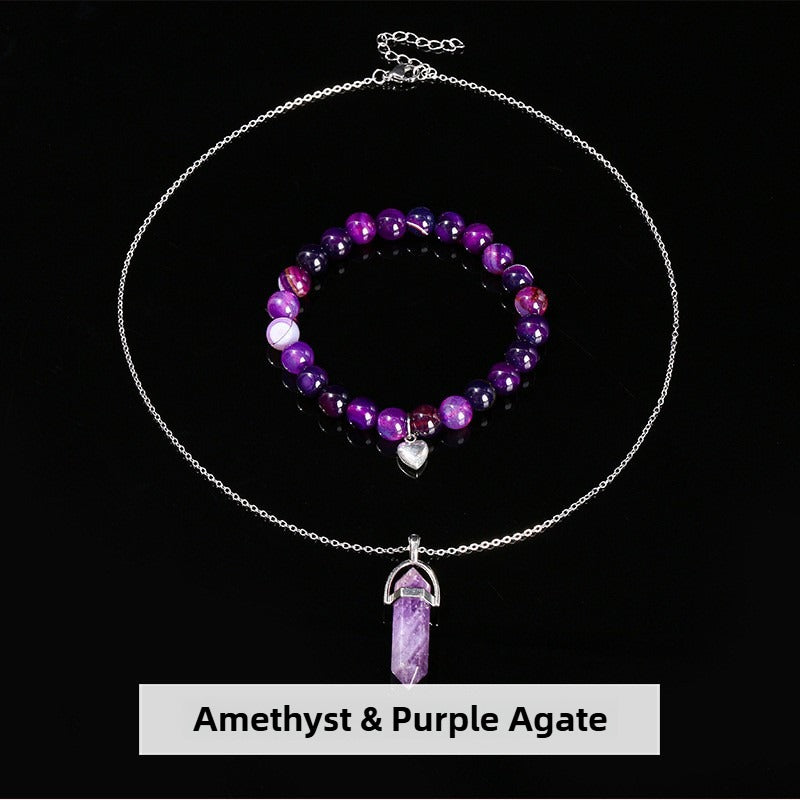 Zen Healing Natural Crystal Agate Heart Charm Bracelet & Necklace Set