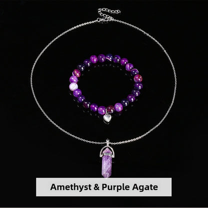 Zen Healing Natural Crystal Agate Heart Charm Bracelet & Necklace Set