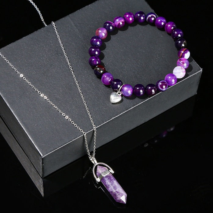 Zen Healing Natural Crystal Agate Heart Charm Bracelet & Necklace Set