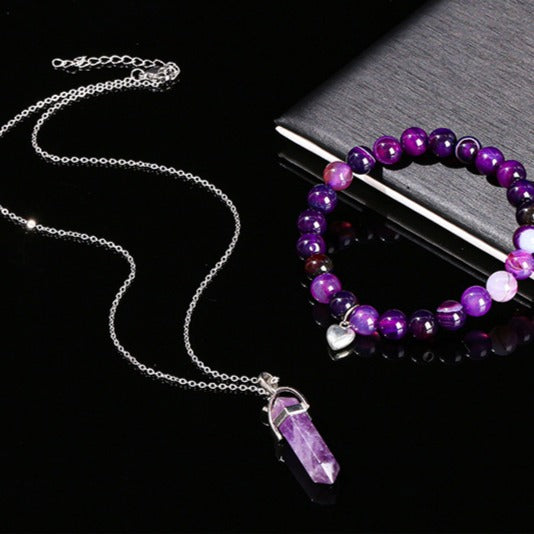 Zen Healing Natural Crystal Agate Heart Charm Bracelet & Necklace Set