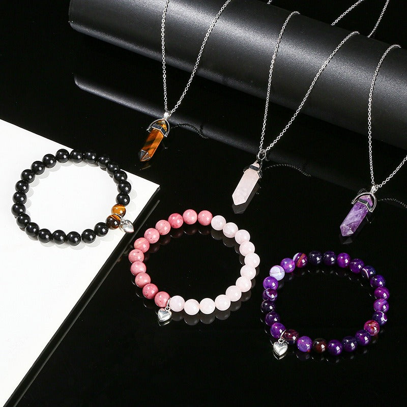 Zen Healing Natural Crystal Agate Heart Charm Bracelet & Necklace Set