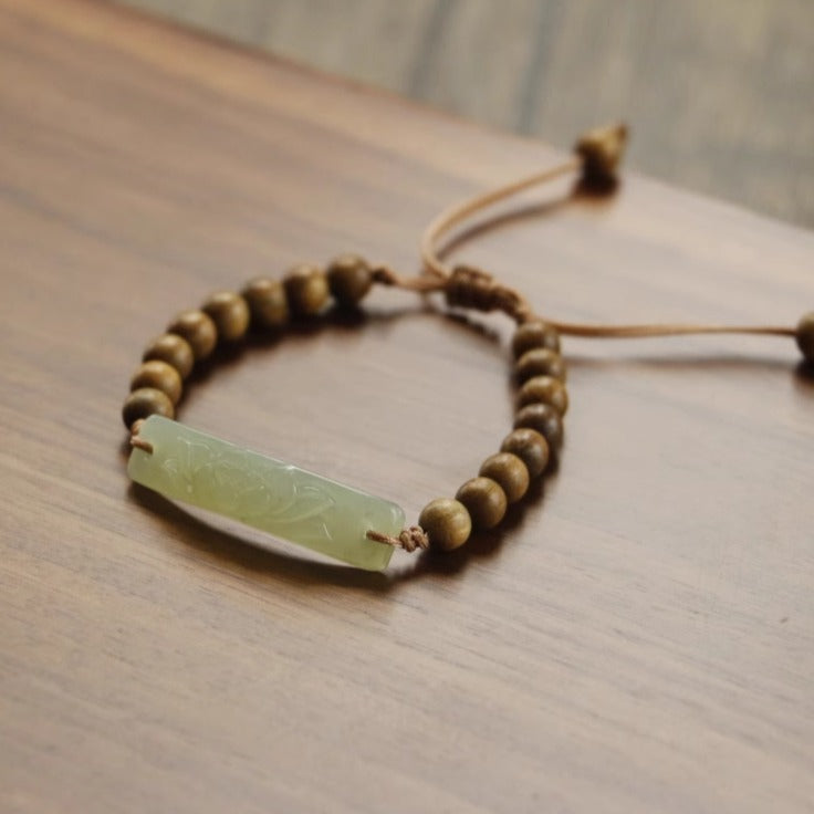 Zen Healing Natural Jade Lotus Pendant Green Sandalwood Bead Calm Bracelet