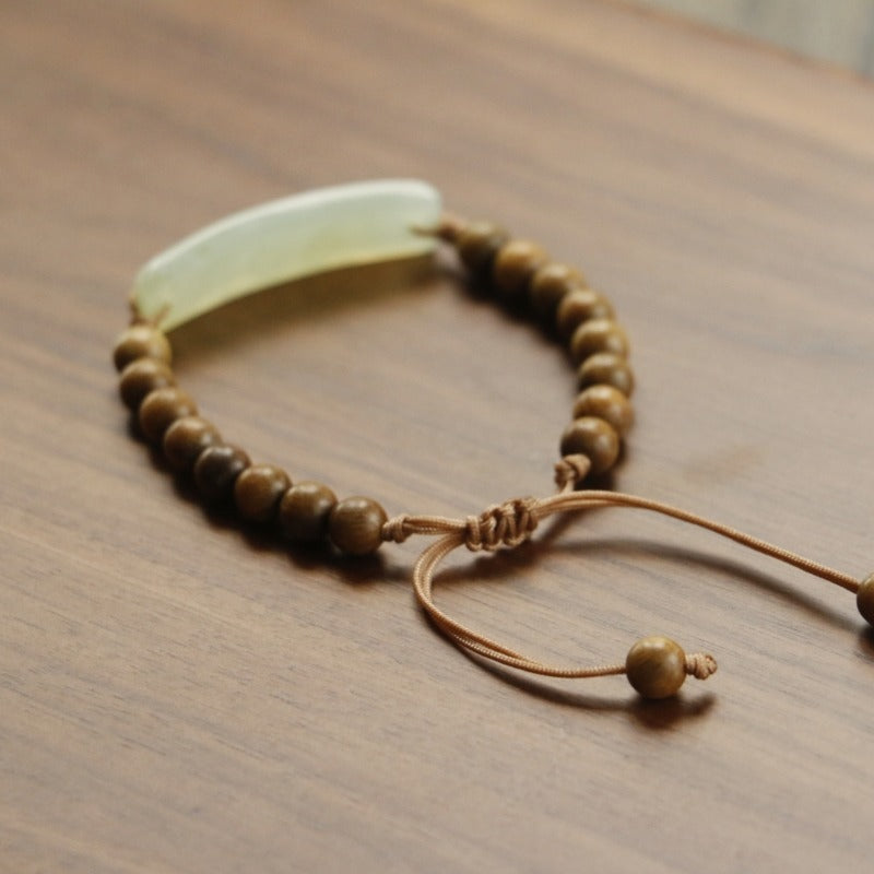 Zen Healing Natural Jade Lotus Pendant Green Sandalwood Bead Calm Bracelet