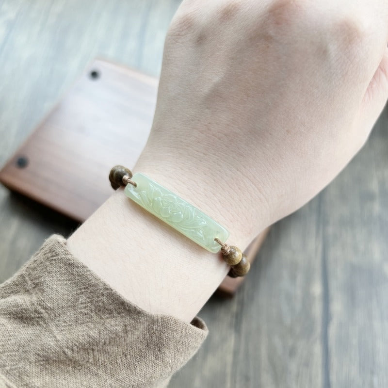 Zen Healing Natural Jade Lotus Pendant Green Sandalwood Bead Calm Bracelet
