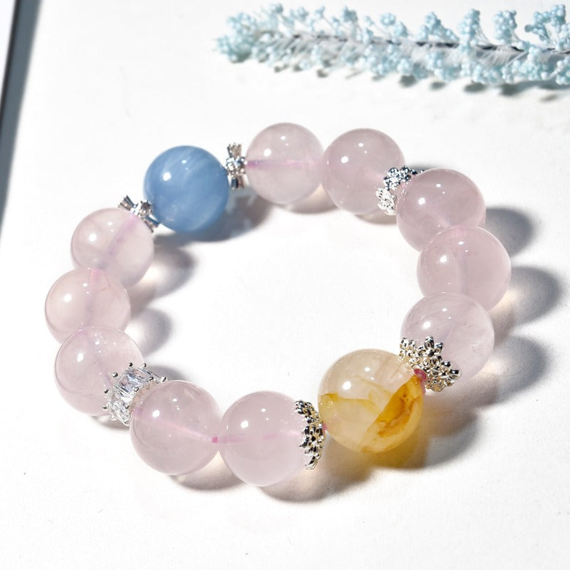 Zen Healing Natural Rose Quartz Aquamarine Charm Bracelet