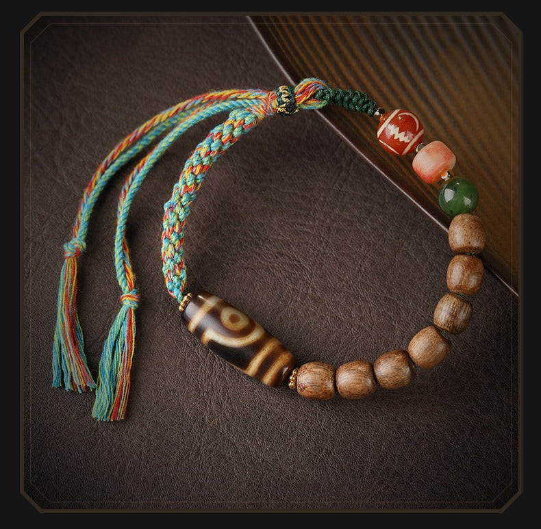 Zen Healing Tibetan Agarwood Agate Dzi Bead Protection Braided Bracelet
