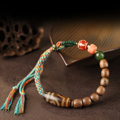 Zen Healing Tibetan Agarwood Agate Dzi Bead Protection Braided Bracelet