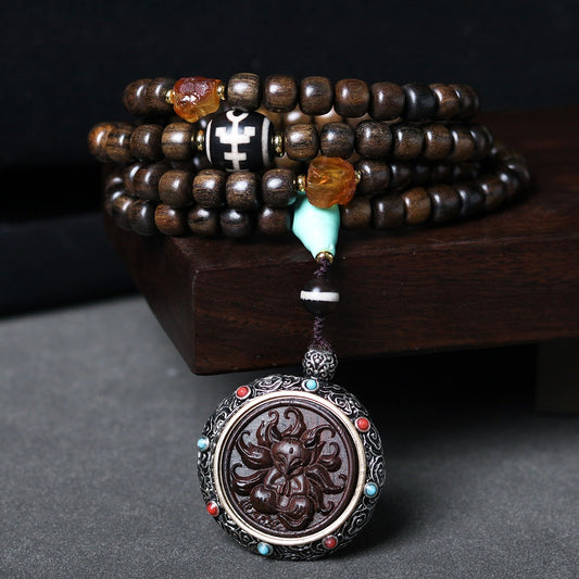 Zen Healing Tibetan Agarwood Nine-Tailed Fox Zhakiram Green Tara Thangka Pendant Protection Necklace