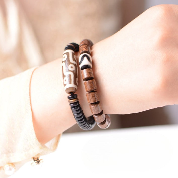 Zen Healing Tibetan Ebony Sandalwood Agate Nine-Eye Dzi Bead Protection Double Wrap Bracelet
