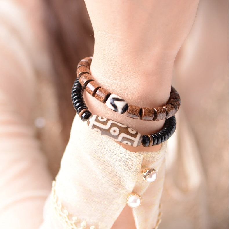 Zen Healing Tibetan Ebony Sandalwood Agate Nine-Eye Dzi Bead Protection Double Wrap Bracelet