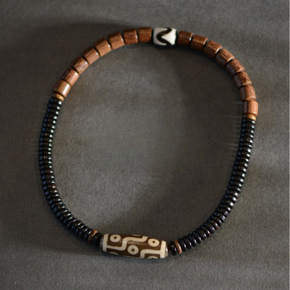Zen Healing Tibetan Ebony Sandalwood Agate Nine-Eye Dzi Bead Protection Double Wrap Bracelet