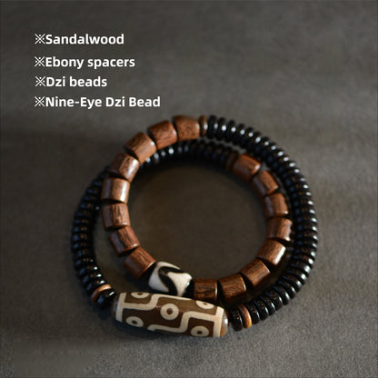Zen Healing Tibetan Ebony Sandalwood Agate Nine-Eye Dzi Bead Protection Double Wrap Bracelet