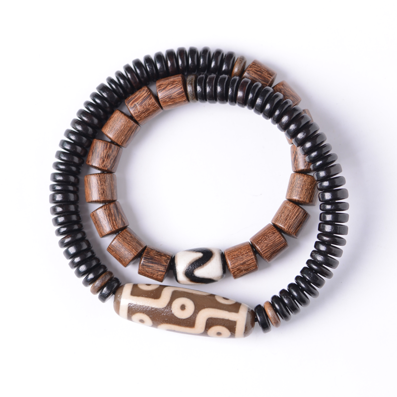 Zen Healing Tibetan Ebony Sandalwood Agate Nine-Eye Dzi Bead Protection Double Wrap Bracelet