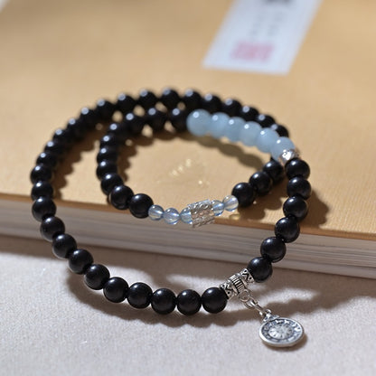 Zen Healing Tibetan Ebony Wood Aquamarine Nine Palaces Eight Trigrams Harmony Double Wrap Bracelet