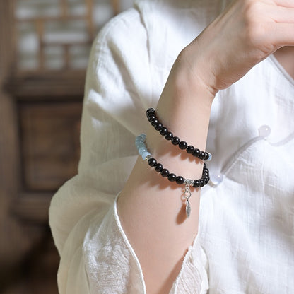 Zen Healing Tibetan Ebony Wood Aquamarine Nine Palaces Eight Trigrams Harmony Double Wrap Bracelet