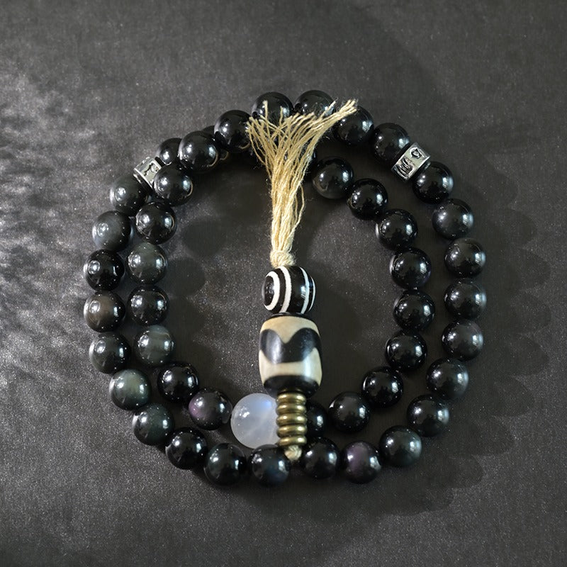 Zen Healing Tibetan Obsidian Blue Moonstone Dzi Clam Double Wrap Bracelet