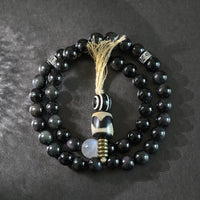Zen Healing Tibetan Obsidian Blue Moonstone Dzi Clam Double Wrap Bracelet