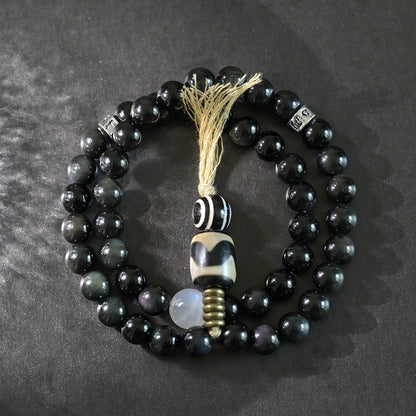 Zen Healing Tibetan Obsidian Blue Moonstone Dzi Clam Double Wrap Bracelet