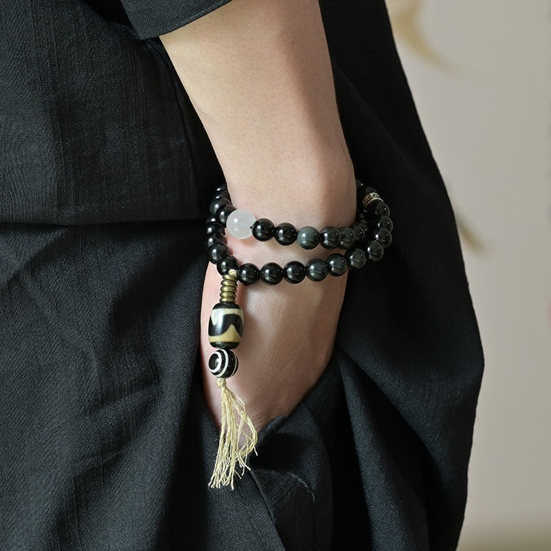 Zen Healing Tibetan Obsidian Blue Moonstone Dzi Clam Double Wrap Bracelet