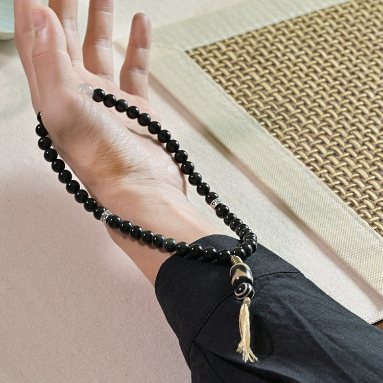 Zen Healing Tibetan Obsidian Blue Moonstone Dzi Clam Double Wrap Bracelet