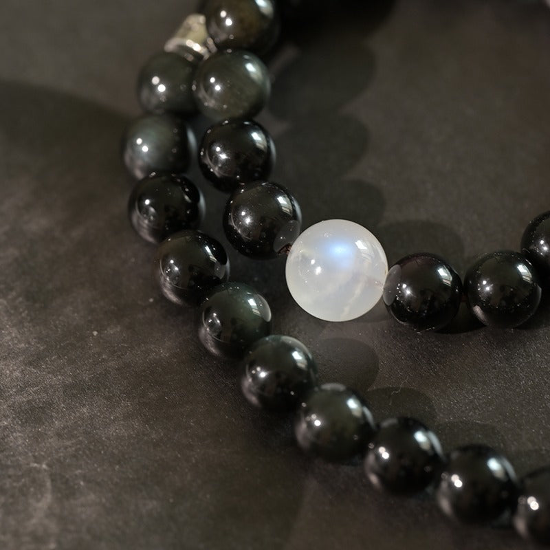 Zen Healing Tibetan Obsidian Blue Moonstone Dzi Clam Double Wrap Bracelet
