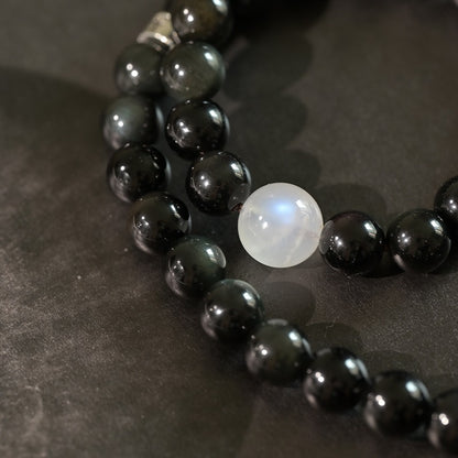 Zen Healing Tibetan Obsidian Blue Moonstone Dzi Clam Double Wrap Bracelet