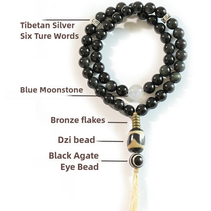 Zen Healing Tibetan Obsidian Blue Moonstone Dzi Clam Double Wrap Bracelet