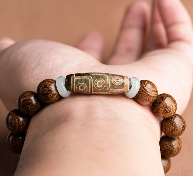 Zen Healing Tibetan Sandalwood Agate Nine-Eye Dzi Bead Spiritual Bracelet