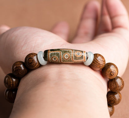 Zen Healing Tibetan Sandalwood Agate Nine-Eye Dzi Bead Spiritual Bracelet