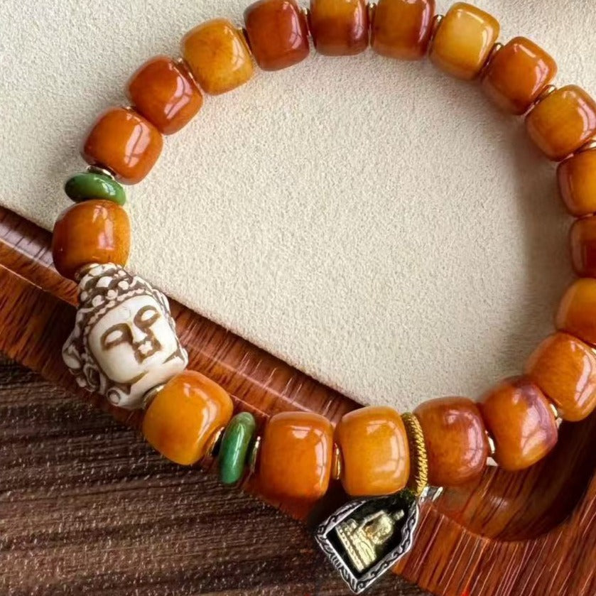 Zen Healing Tibetan Yak Bone Buddha Pendant Blessing Bracelet