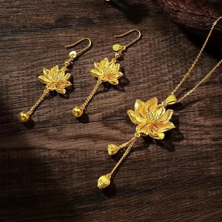 Zen Healing Vietnamese Sand Gold Lotus Pendant Blessing Necklace