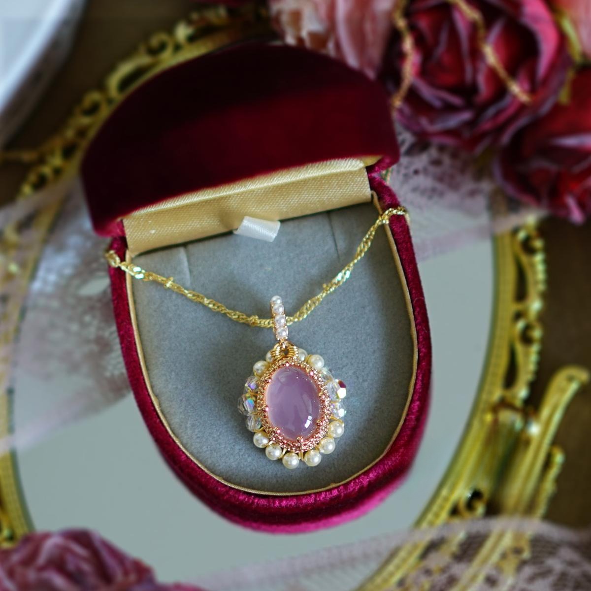Zen Healing Vintage Pink Agate Pearl Love Pendant Necklace