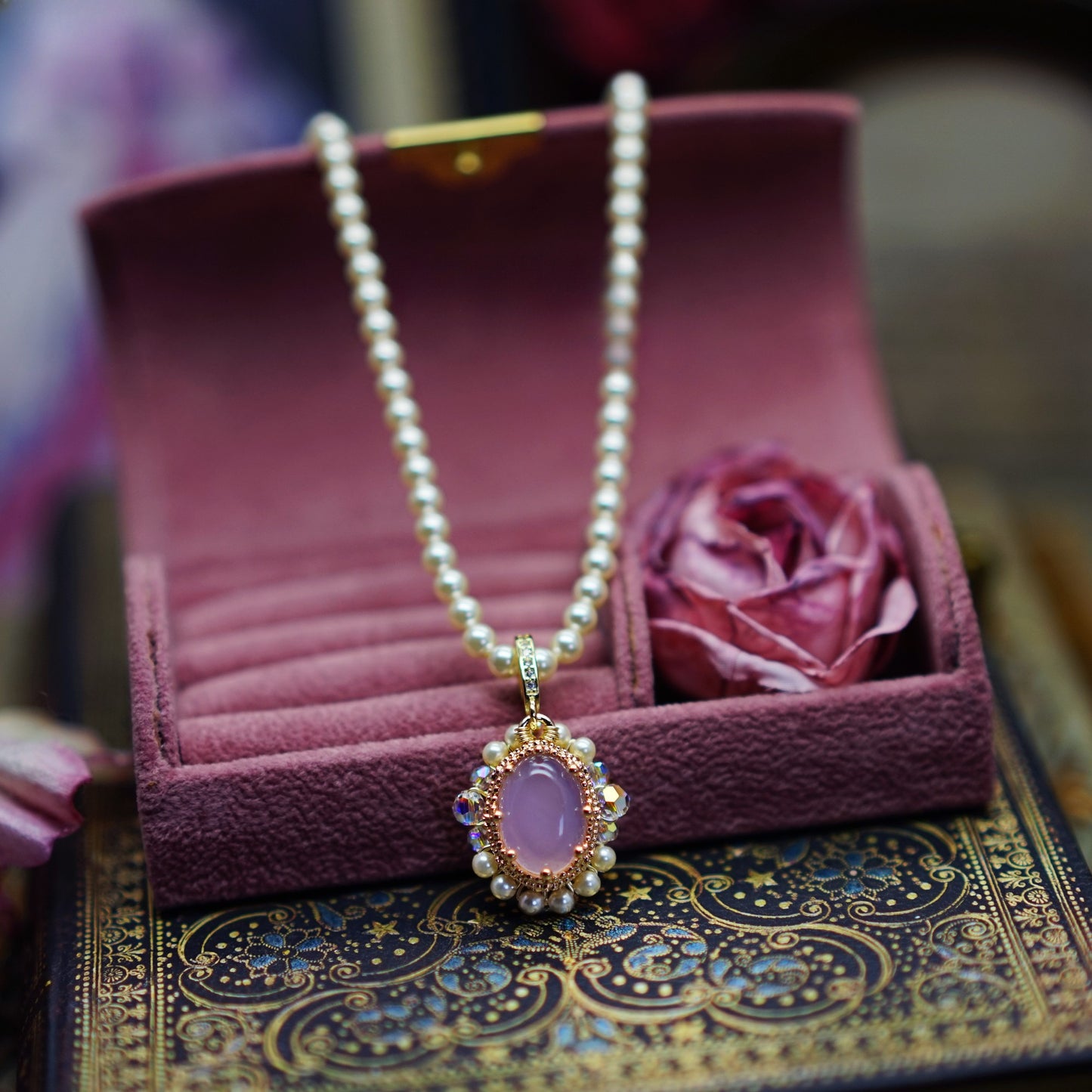 Zen Healing Vintage Pink Agate Pearl Love Pendant Necklace