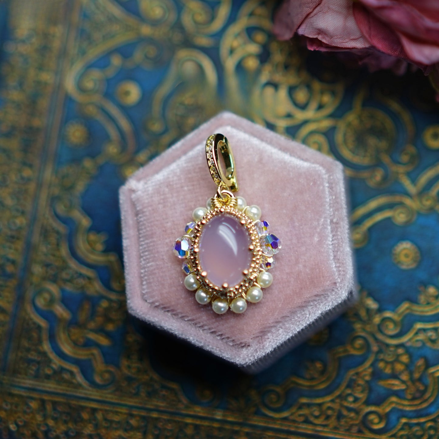 Zen Healing Vintage Pink Agate Pearl Love Pendant Necklace