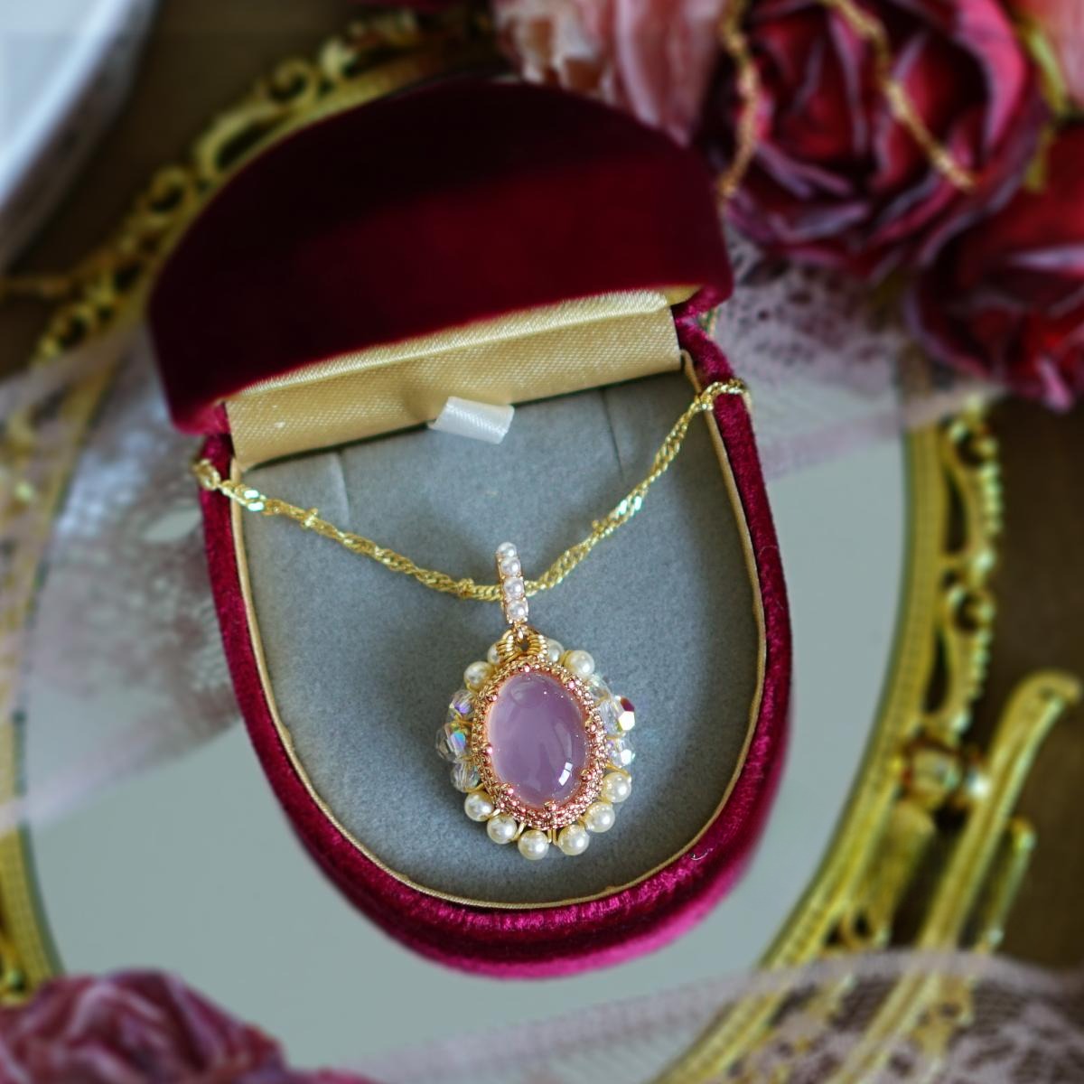 Zen Healing Vintage Pink Agate Pearl Love Pendant Necklace
