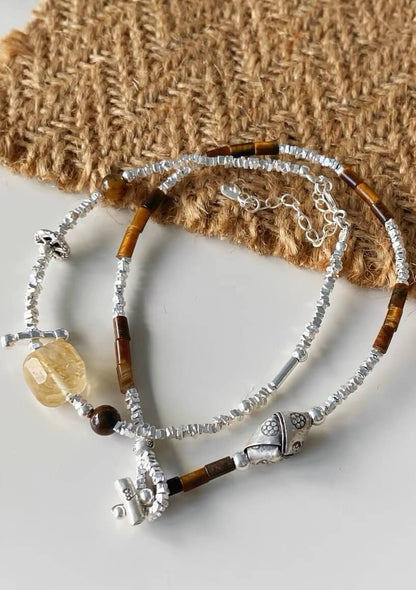 Citrine tiger's eye silver bracelet set- Bring you wealth and courage!