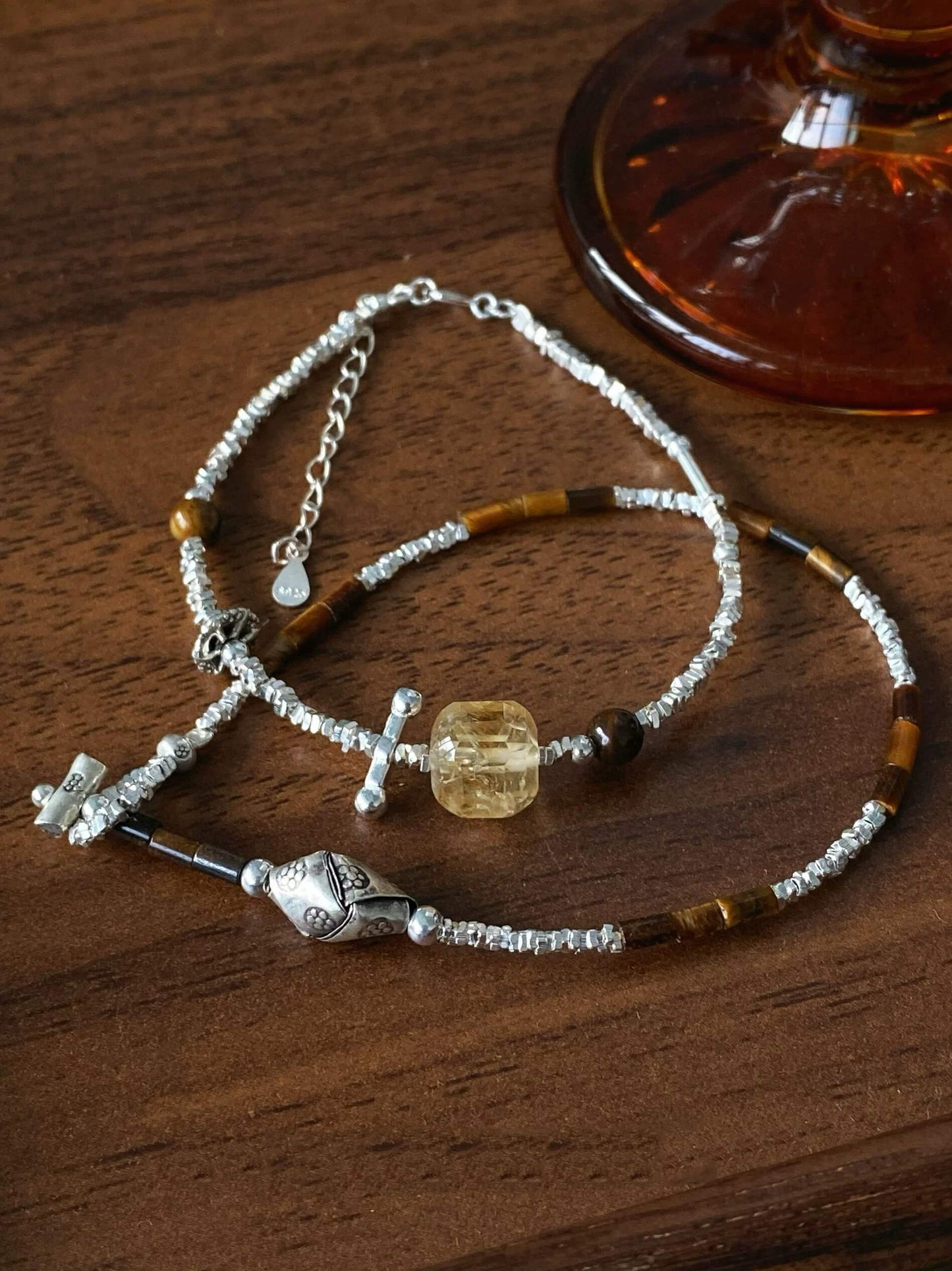 Citrine tiger's eye silver bracelet set- Bring you wealth and courage!