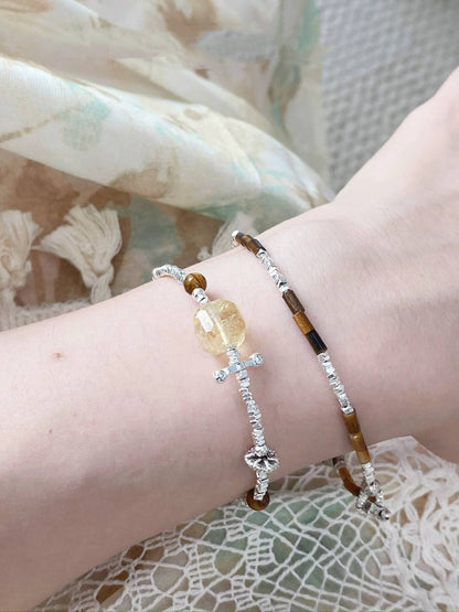 Citrine tiger's eye silver bracelet set- Bring you wealth and courage!