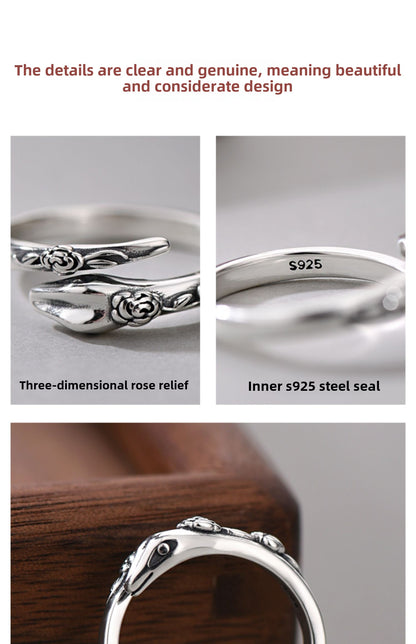 925 Sterling Silver Year Of The Snake Rose Snake Adjustable Open Ring